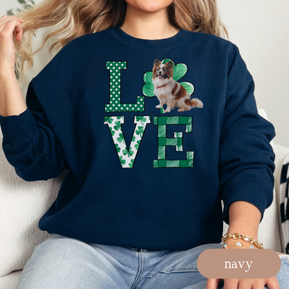 Papillon Love Shamrock Sweatshirt, St Patricks Day Crewneck Sweatshirt, Irish Gift, Papillon Lover Apparel, Green Clover Top