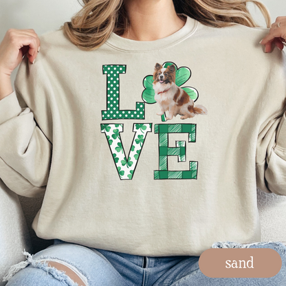 Papillon Love Shamrock Sweatshirt, St Patricks Day Crewneck Sweatshirt, Irish Gift, Papillon Lover Apparel, Green Clover Top