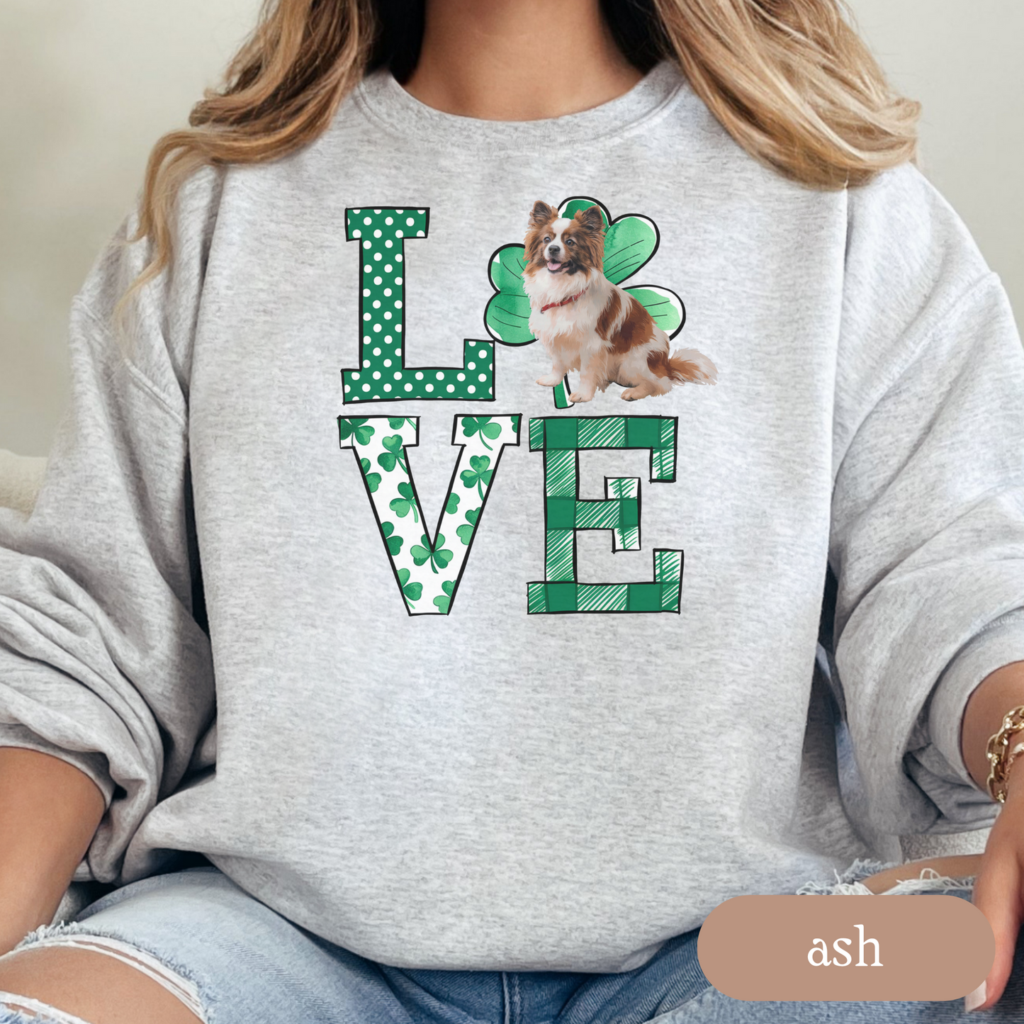 Papillon Love Shamrock Sweatshirt, St Patricks Day Crewneck Sweatshirt, Irish Gift, Papillon Lover Apparel, Green Clover Top