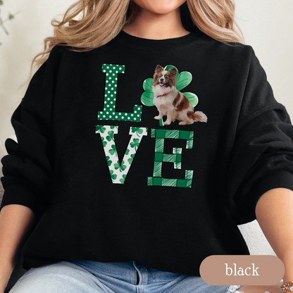 Papillon Love Shamrock Sweatshirt, St Patricks Day Crewneck Sweatshirt, Irish Gift, Papillon Lover Apparel, Green Clover Top