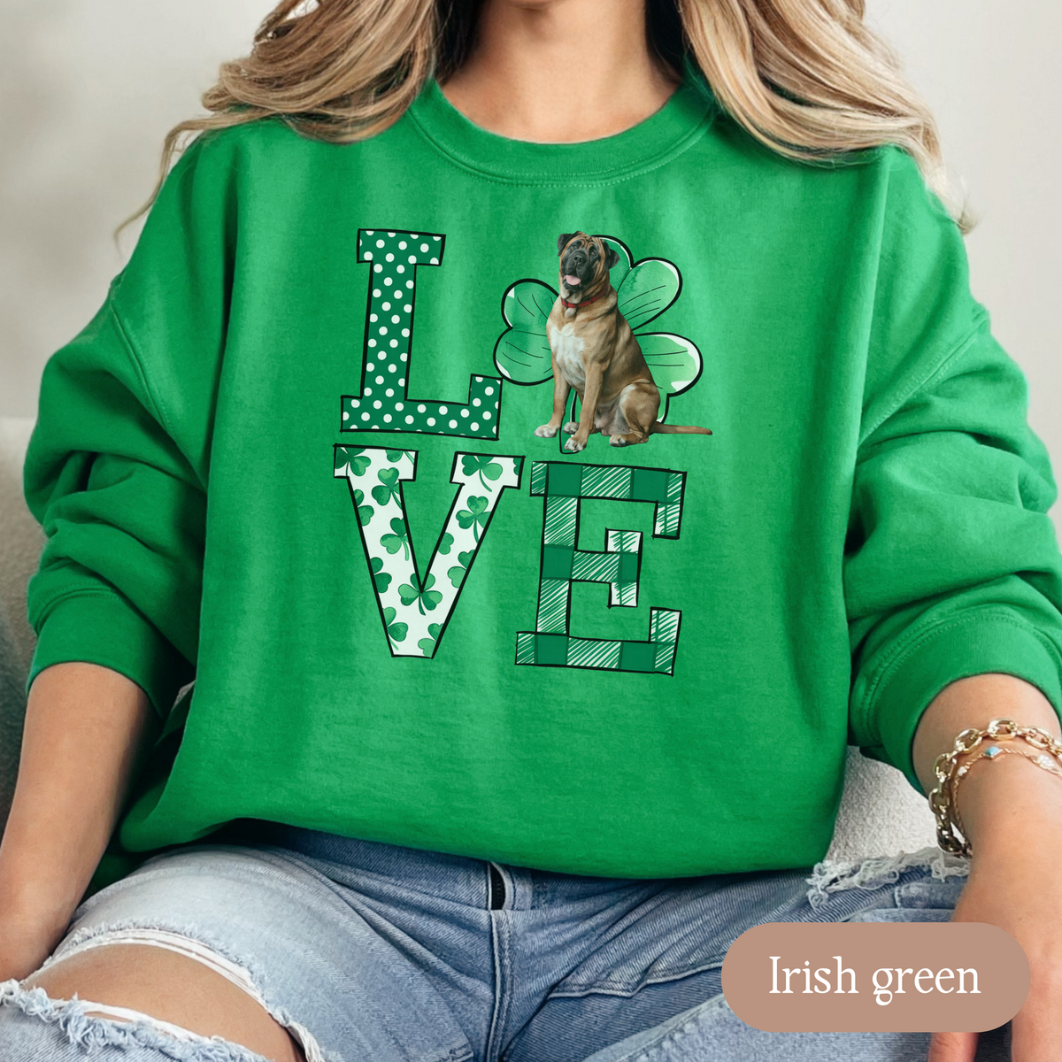 Mastiff Love Shamrock Sweatshirt, St Patricks Day Crewneck Sweatshirt, Irish Gift, Mastiff Lover Apparel, Green Clover Top