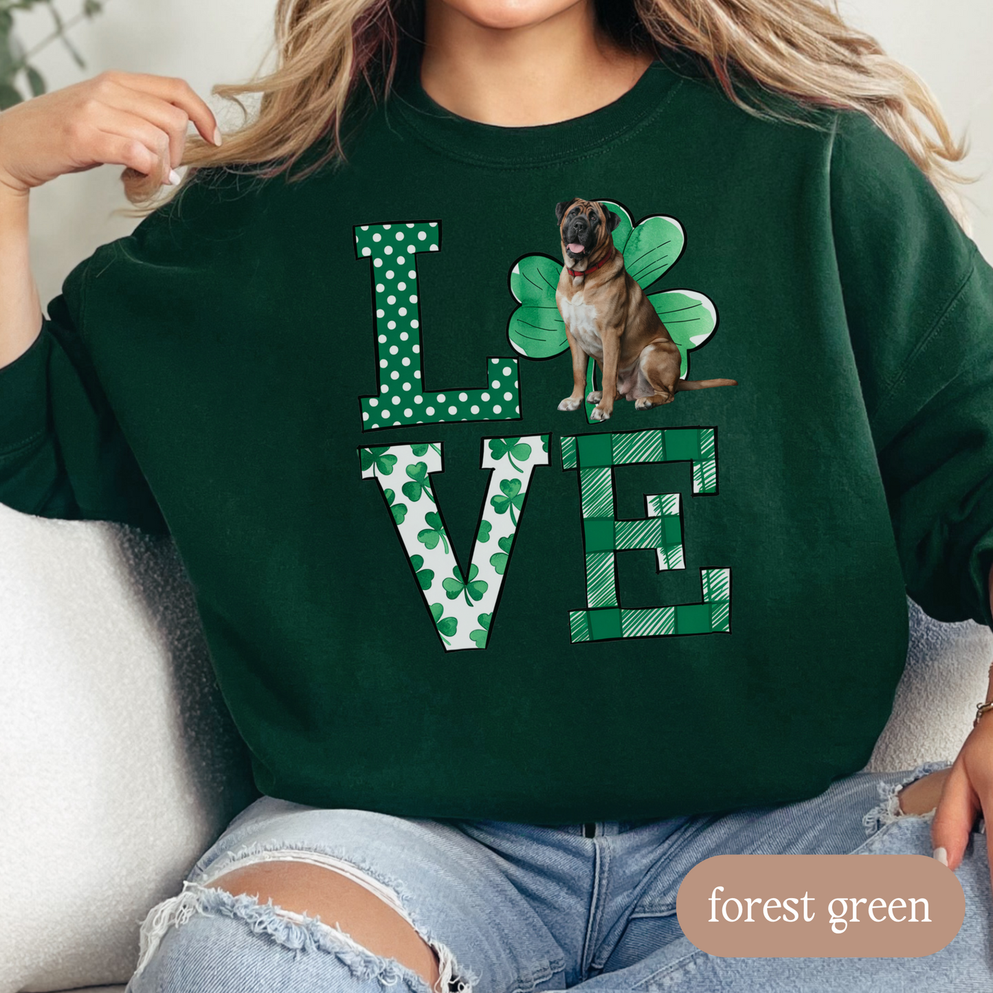 Mastiff Love Shamrock Sweatshirt, St Patricks Day Crewneck Sweatshirt, Irish Gift, Mastiff Lover Apparel, Green Clover Top