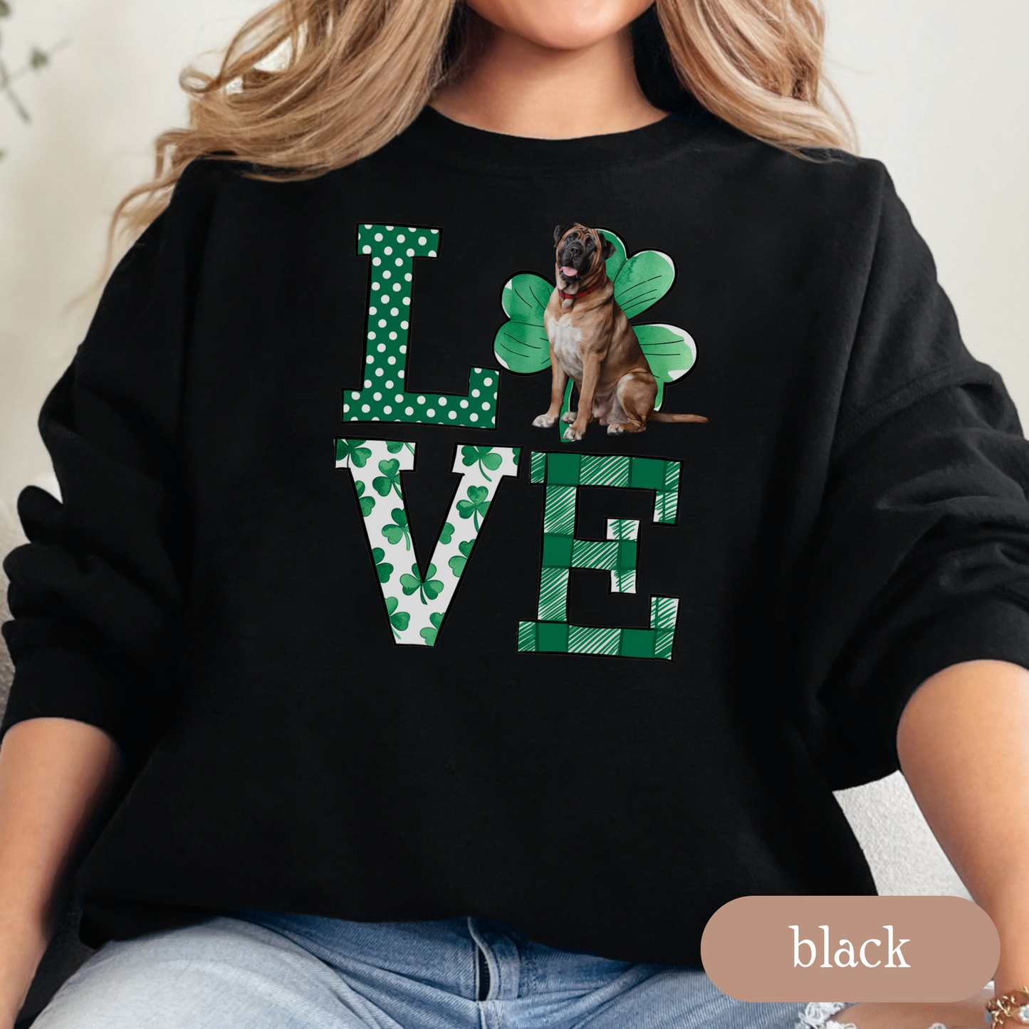 Mastiff Love Shamrock Sweatshirt, St Patricks Day Crewneck Sweatshirt, Irish Gift, Mastiff Lover Apparel, Green Clover Top