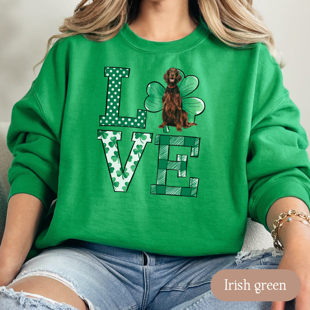 Irish Setter Love Shamrock Sweatshirt, St Patricks Day Crewneck Sweatshirt, Irish Gift, Irish Setter Lover Apparel, Green Clover Top