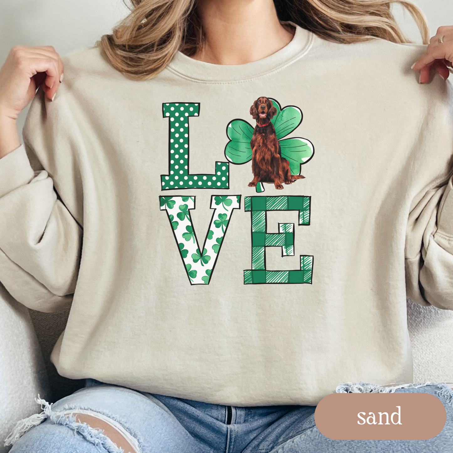 Irish Setter Love Shamrock Sweatshirt, St Patricks Day Crewneck Sweatshirt, Irish Gift, Irish Setter Lover Apparel, Green Clover Top