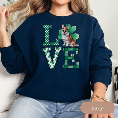 Corgi Love Shamrock Sweatshirt, St Patricks Day Crewneck Sweatshirt, Irish Gift, Dog Lover Apparel, Green Clover Top