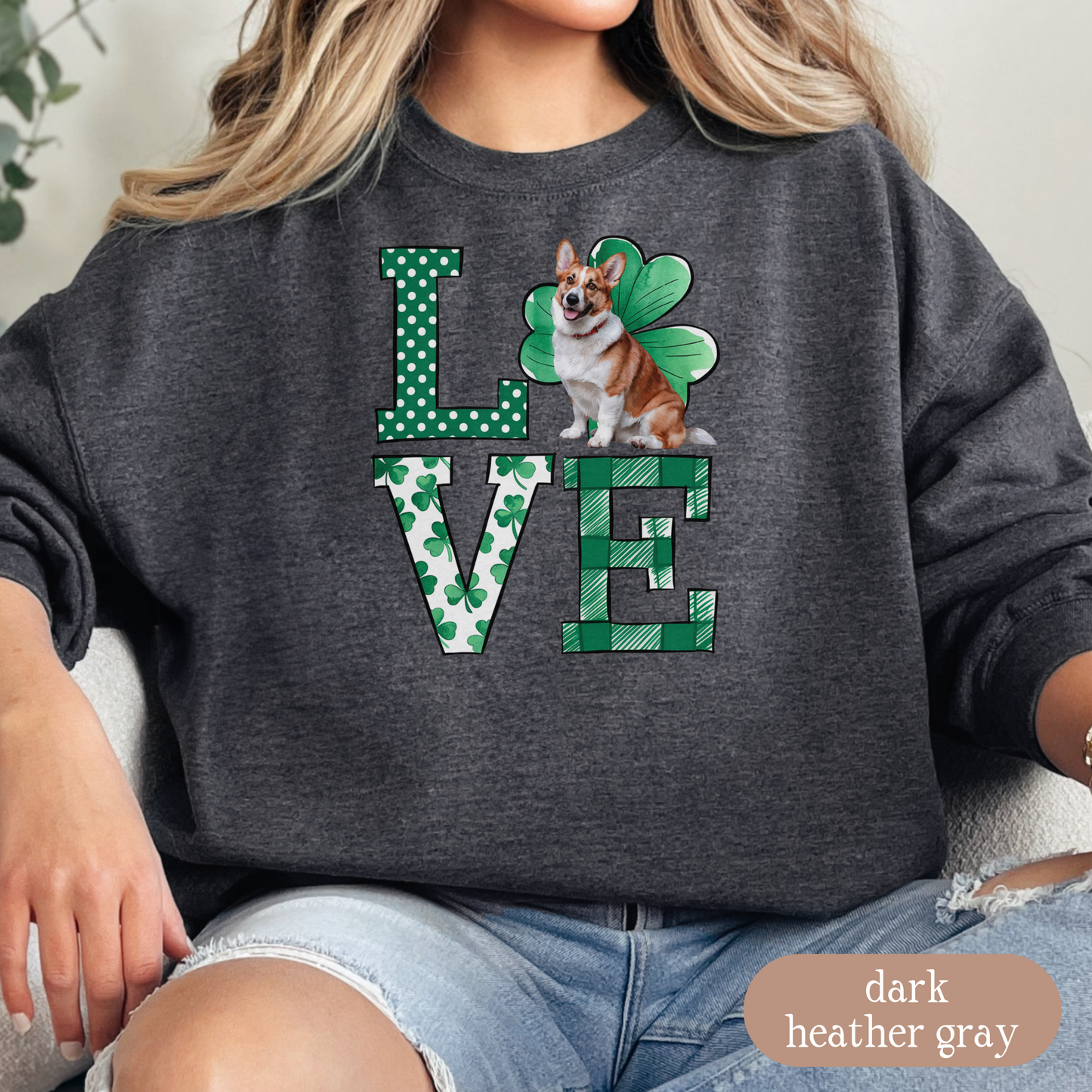 Corgi Love Shamrock Sweatshirt, St Patricks Day Crewneck Sweatshirt, Irish Gift, Dog Lover Apparel, Green Clover Top