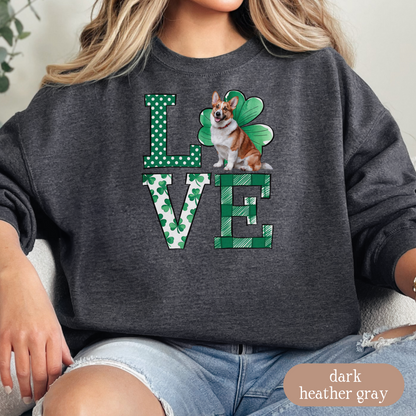 Corgi Love Shamrock Sweatshirt, St Patricks Day Crewneck Sweatshirt, Irish Gift, Dog Lover Apparel, Green Clover Top