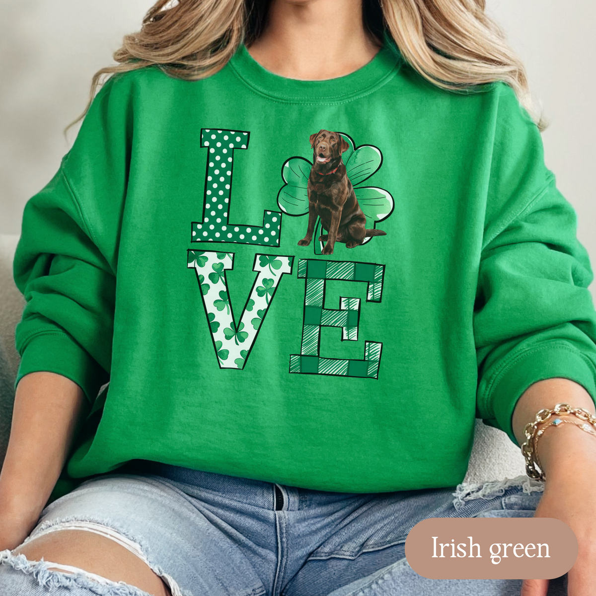 Chocolate Lab Love Shamrock Sweatshirt, St Patricks Day Crewneck Sweatshirt, Irish Gift, Chocolate Lab Lover Apparel, Green Clover Top