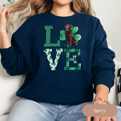 Chocolate Lab Love Shamrock Sweatshirt, St Patricks Day Crewneck Sweatshirt, Irish Gift, Chocolate Lab Lover Apparel, Green Clover Top