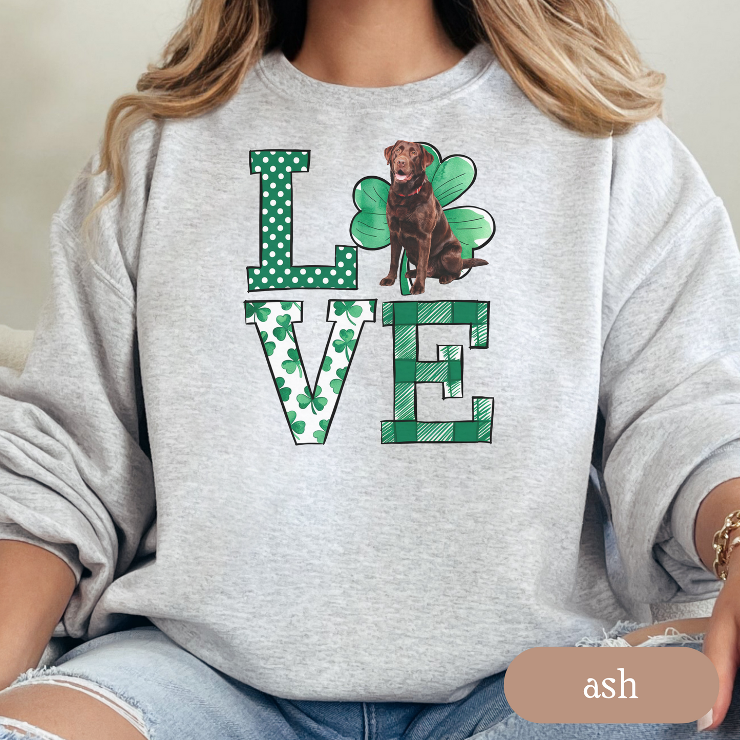 Chocolate Lab Love Shamrock Sweatshirt, St Patricks Day Crewneck Sweatshirt, Irish Gift, Chocolate Lab Lover Apparel, Green Clover Top