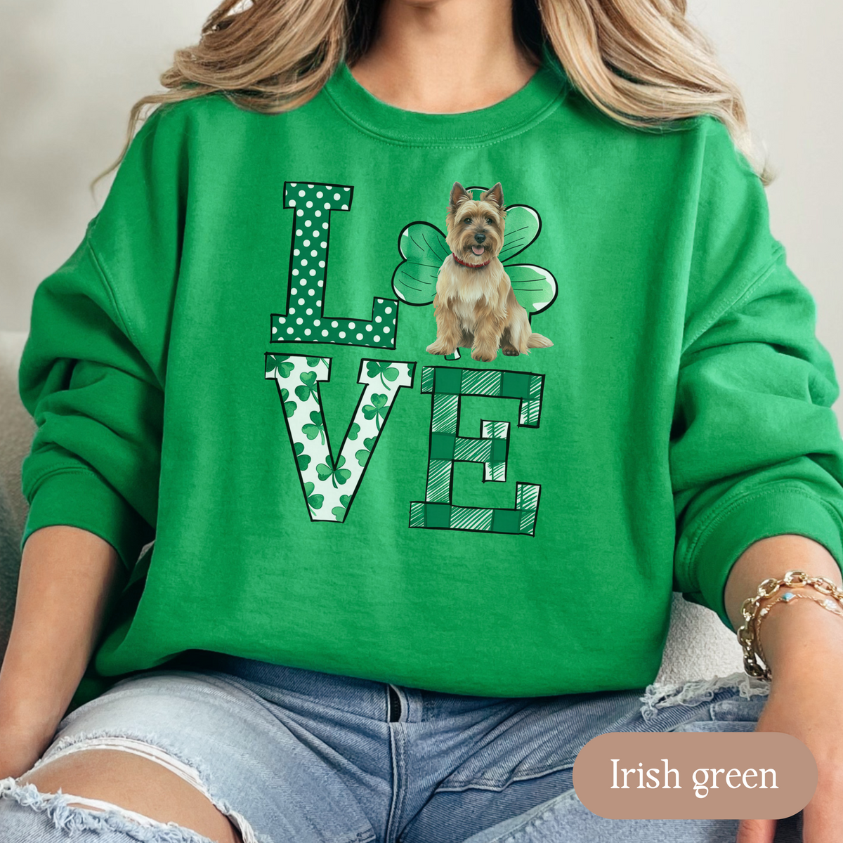 Cairn Terrier Love Shamrock Sweatshirt, St Patricks Day Crewneck Sweatshirt, Irish Gift, Cairn Terrier Lover Apparel, Green Clover Top