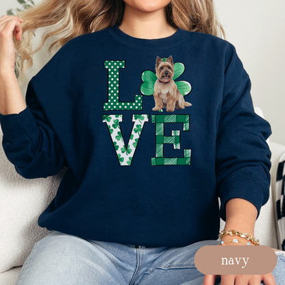 Cairn Terrier Love Shamrock Sweatshirt, St Patricks Day Crewneck Sweatshirt, Irish Gift, Cairn Terrier Lover Apparel, Green Clover Top