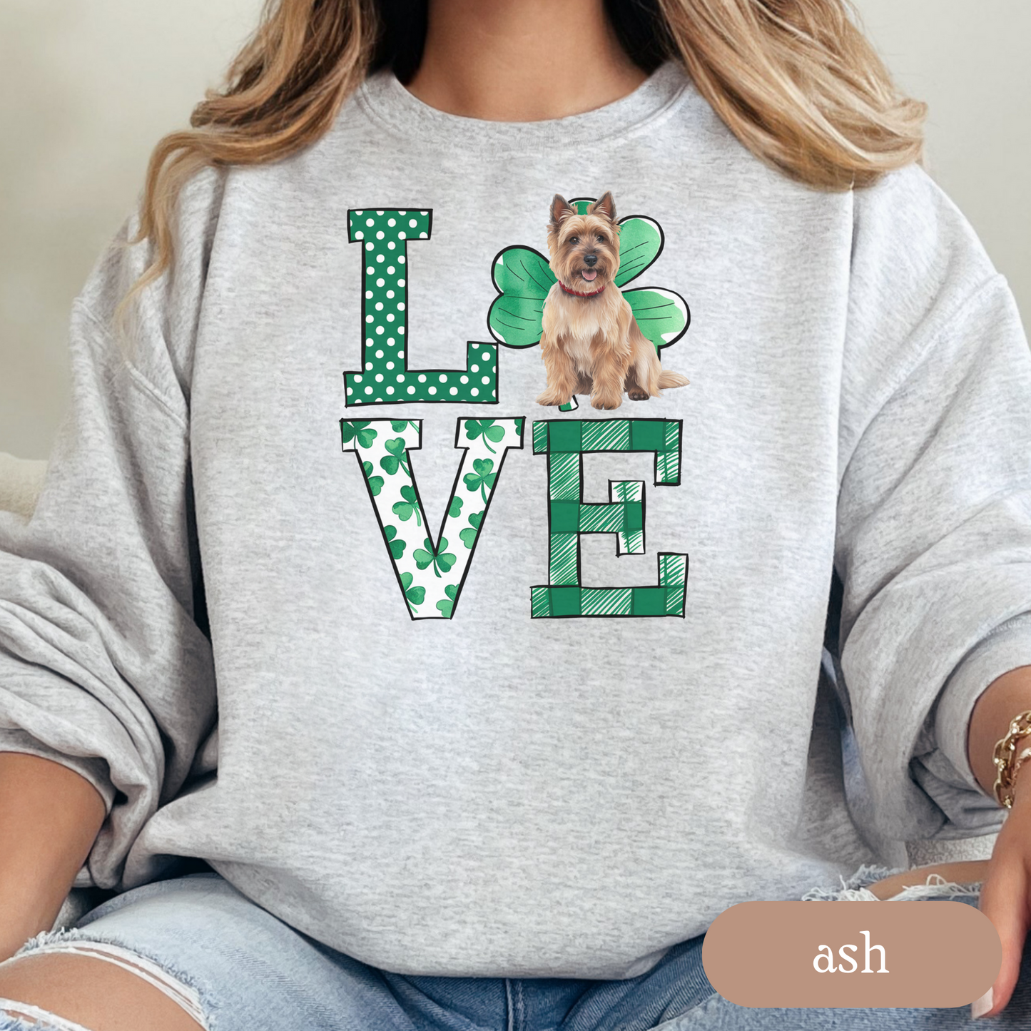 Cairn Terrier Love Shamrock Sweatshirt, St Patricks Day Crewneck Sweatshirt, Irish Gift, Cairn Terrier Lover Apparel, Green Clover Top