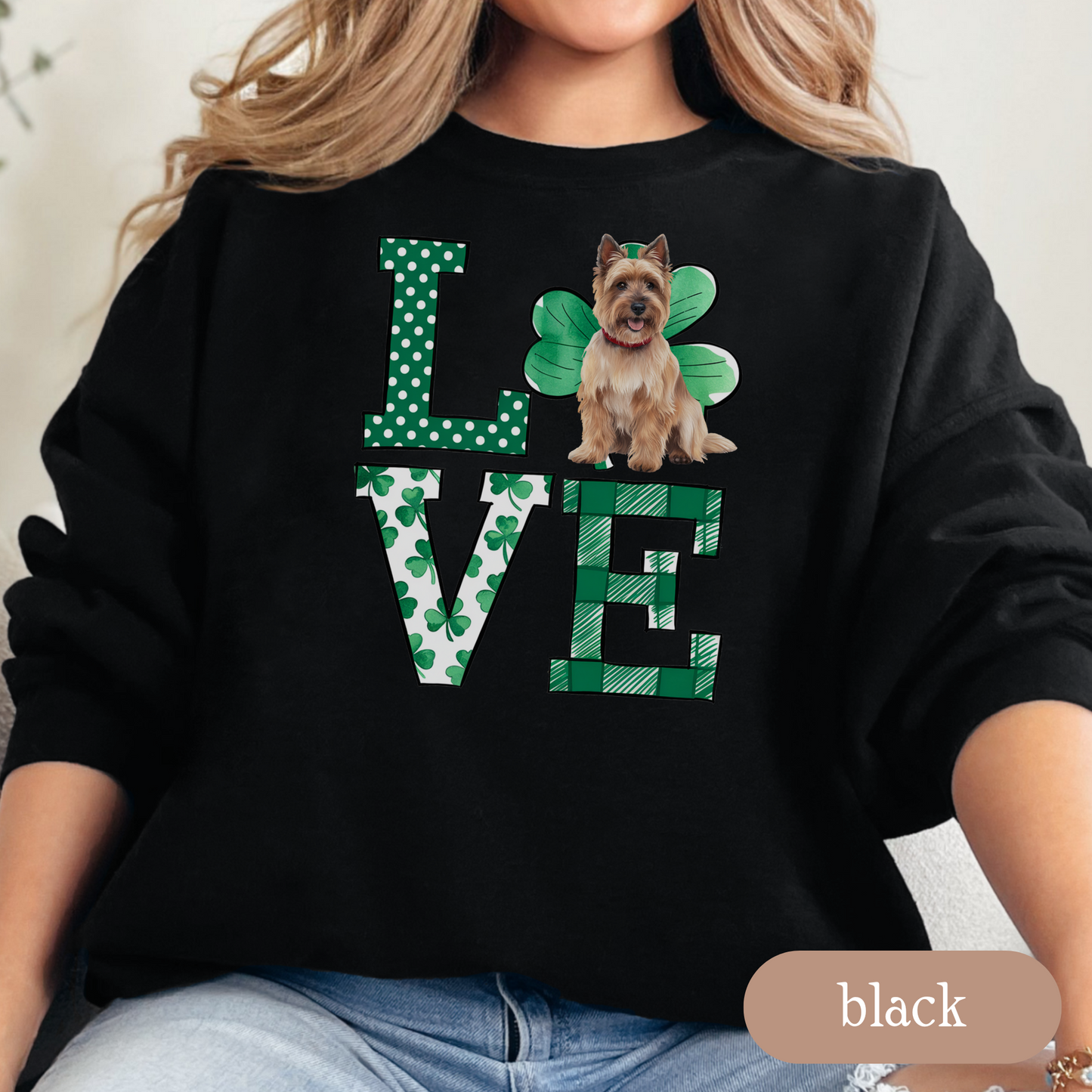 Cairn Terrier Love Shamrock Sweatshirt, St Patricks Day Crewneck Sweatshirt, Irish Gift, Cairn Terrier Lover Apparel, Green Clover Top