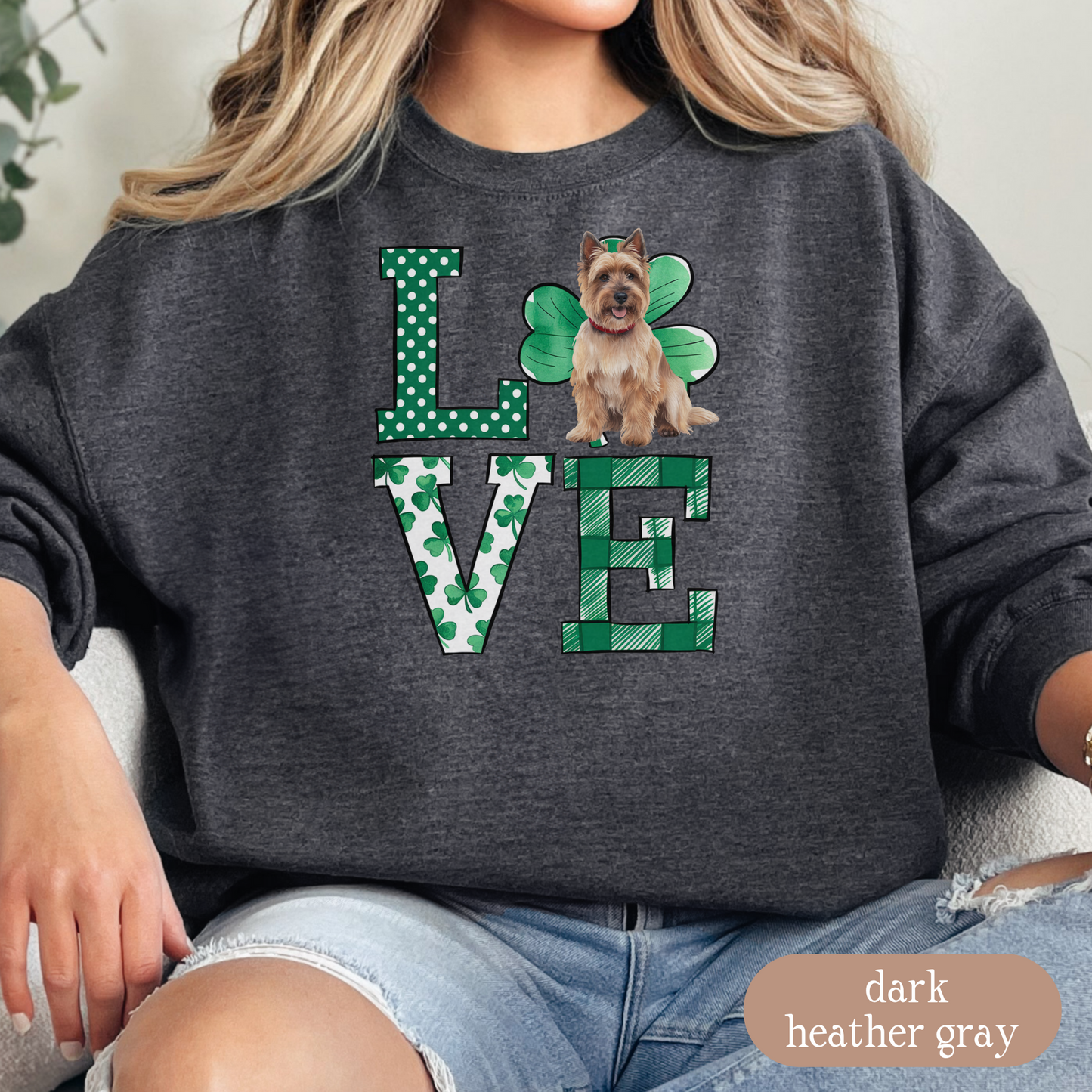 Cairn Terrier Love Shamrock Sweatshirt, St Patricks Day Crewneck Sweatshirt, Irish Gift, Cairn Terrier Lover Apparel, Green Clover Top