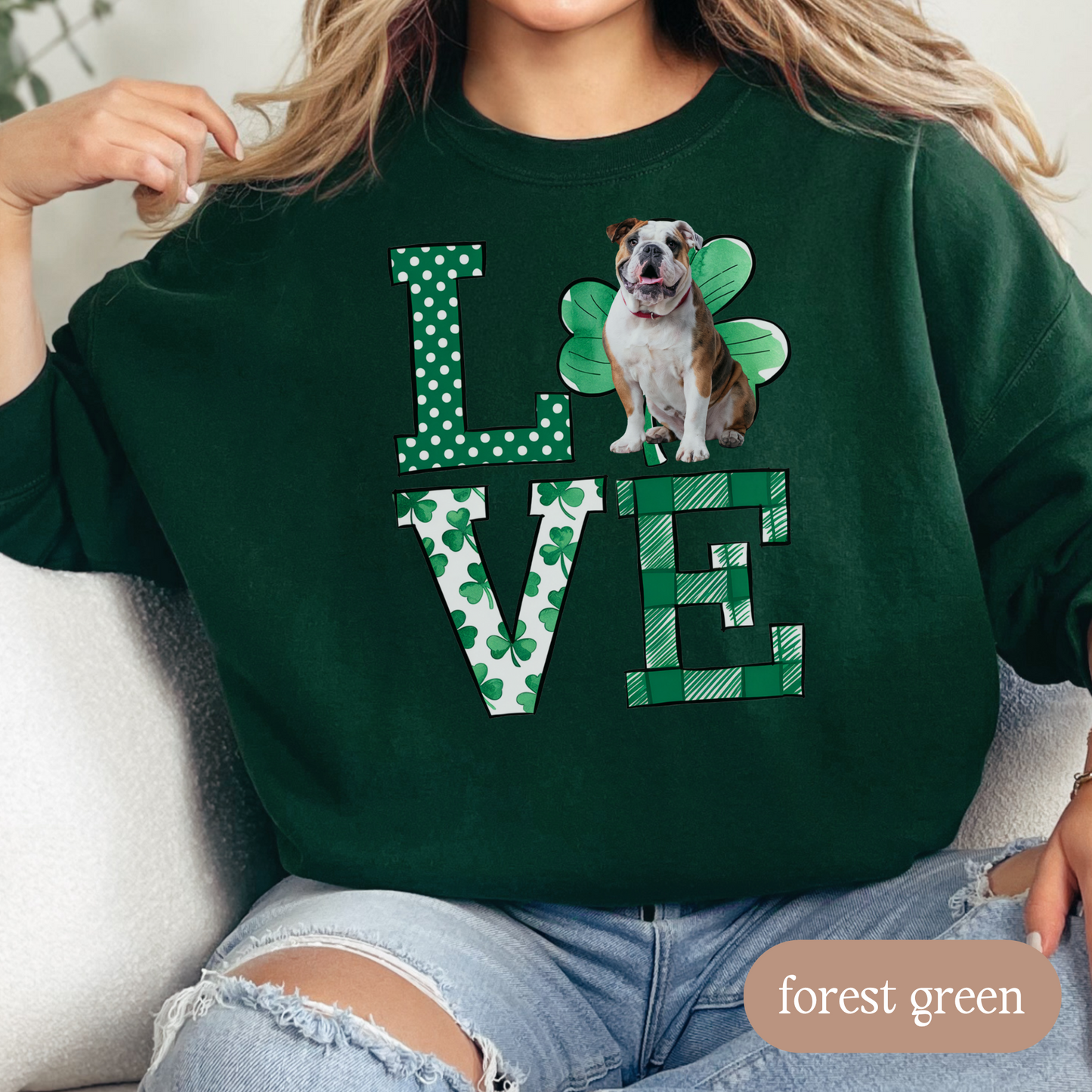 Bulldog Love Shamrock Sweatshirt, St Patricks Day Crewneck Sweatshirt, Irish Gift, Bulldog Lover Apparel, Green Clover Top