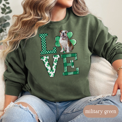 Bulldog Love Shamrock Sweatshirt, St Patricks Day Crewneck Sweatshirt, Irish Gift, Bulldog Lover Apparel, Green Clover Top