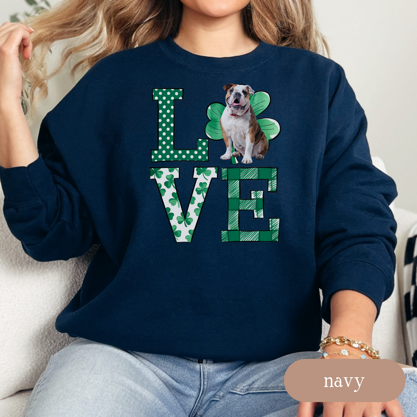 Bulldog Love Shamrock Sweatshirt, St Patricks Day Crewneck Sweatshirt, Irish Gift, Bulldog Lover Apparel, Green Clover Top