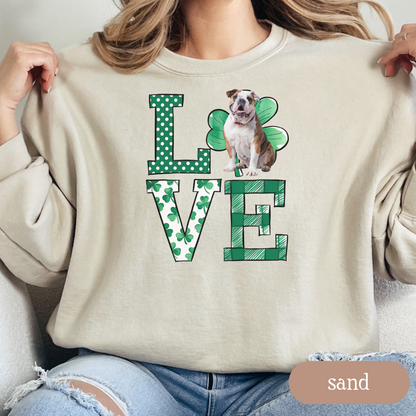 Bulldog Love Shamrock Sweatshirt, St Patricks Day Crewneck Sweatshirt, Irish Gift, Bulldog Lover Apparel, Green Clover Top
