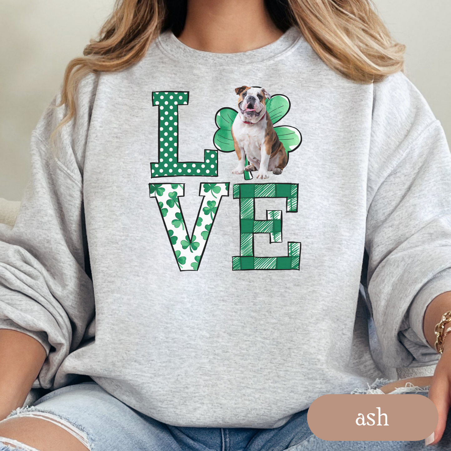 Bulldog Love Shamrock Sweatshirt, St Patricks Day Crewneck Sweatshirt, Irish Gift, Bulldog Lover Apparel, Green Clover Top