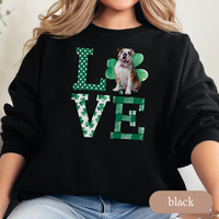 Load image into Gallery viewer, Bulldog Love Shamrock Sweatshirt, St Patricks Day Crewneck Sweatshirt, Irish Gift, Bulldog Lover Apparel, Green Clover Top
