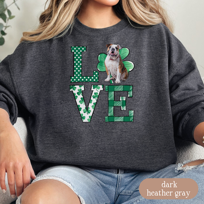 Bulldog Love Shamrock Sweatshirt, St Patricks Day Crewneck Sweatshirt, Irish Gift, Bulldog Lover Apparel, Green Clover Top