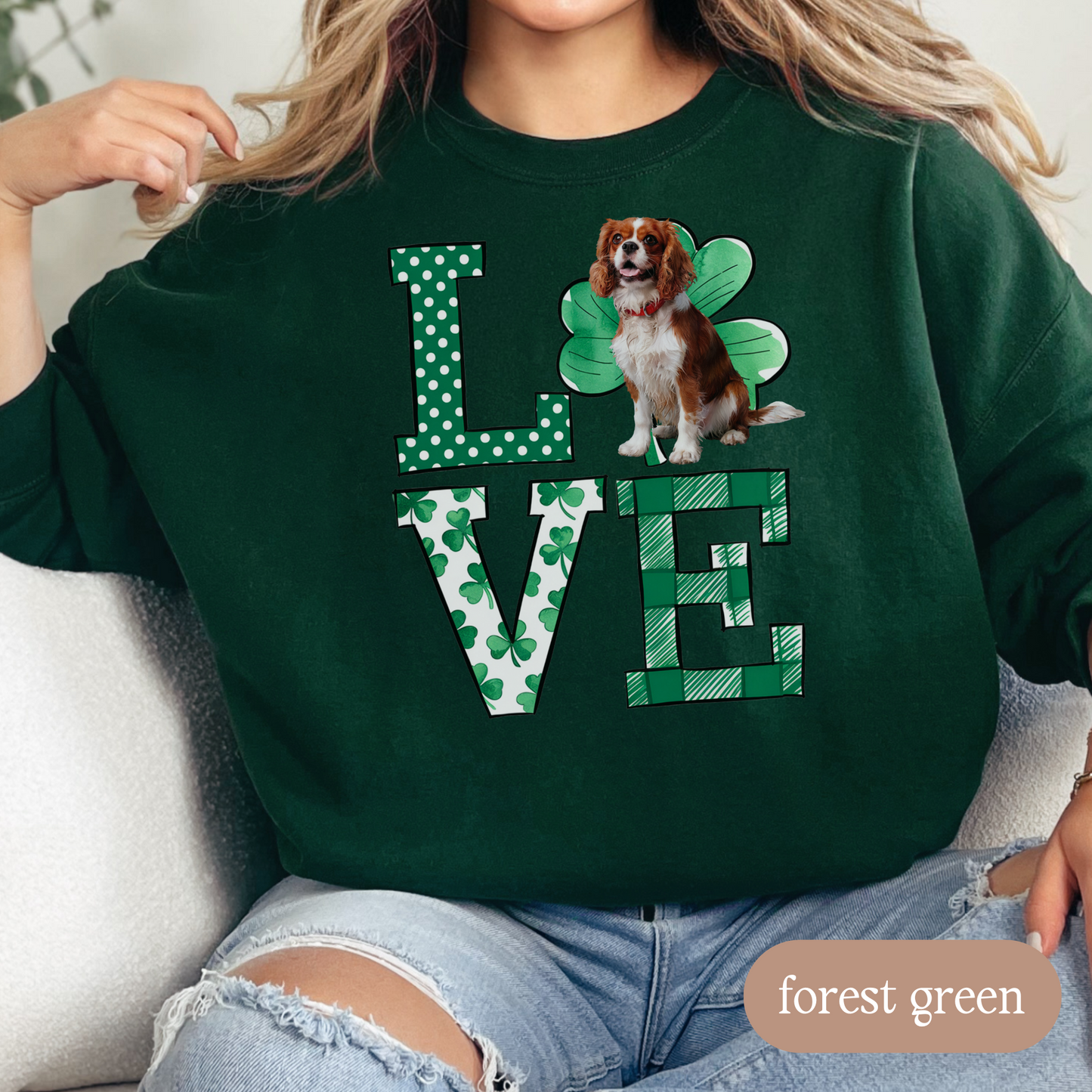 Cavalier King Charles Spaniel Love Shamrock Sweatshirt, St Patricks Day Crewneck Sweatshirt, Spaniel Lover Apparel, Green Clover Top