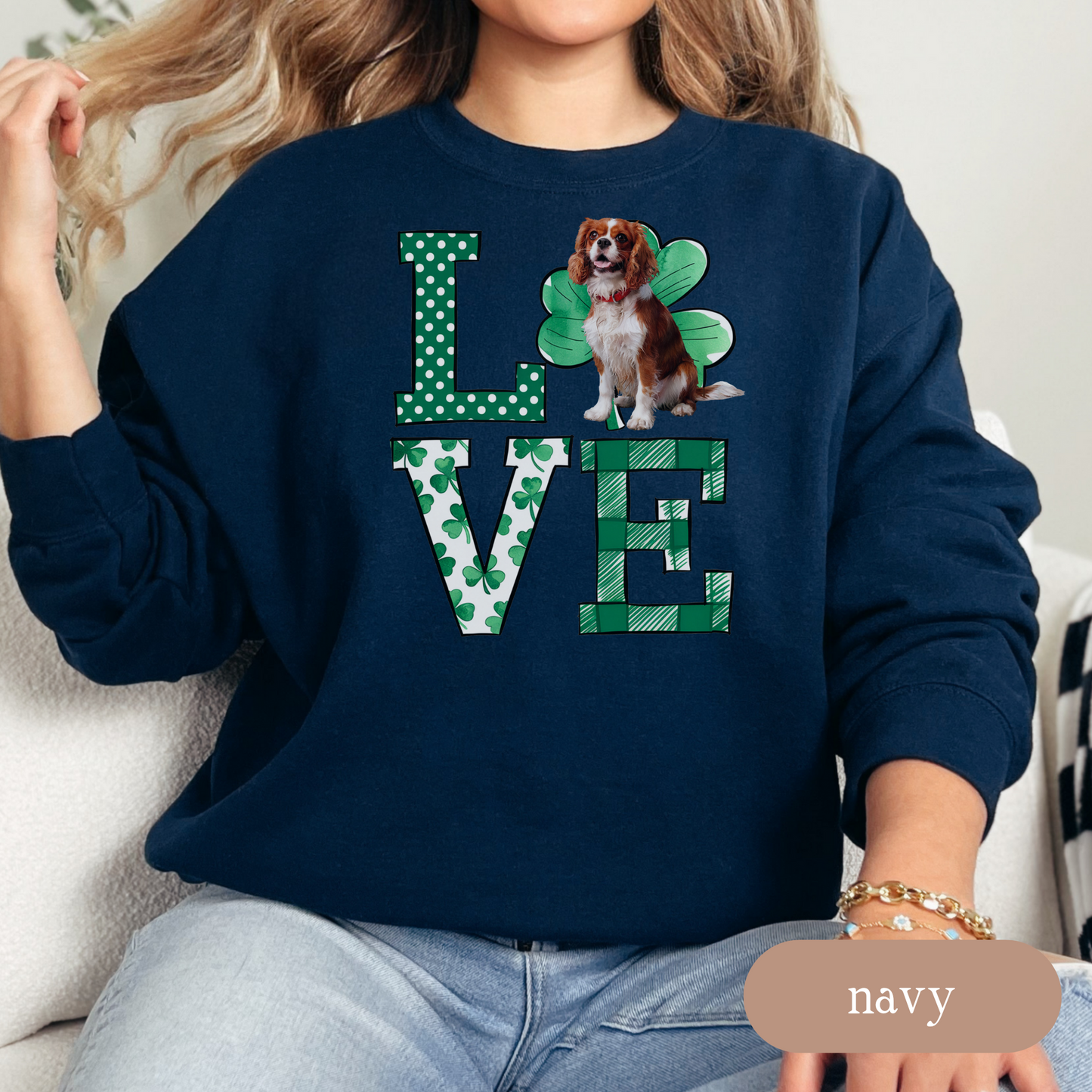 Cavalier King Charles Spaniel Love Shamrock Sweatshirt, St Patricks Day Crewneck Sweatshirt, Spaniel Lover Apparel, Green Clover Top