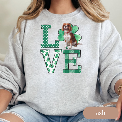 Cavalier King Charles Spaniel Love Shamrock Sweatshirt, St Patricks Day Crewneck Sweatshirt, Spaniel Lover Apparel, Green Clover Top