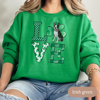 Load image into Gallery viewer, Boston Terrier Love Shamrock Sweatshirt, St Patricks Day Crewneck Sweatshirt, Irish Gift, Boston Terrier Lover Apparel, Green Clover Top
