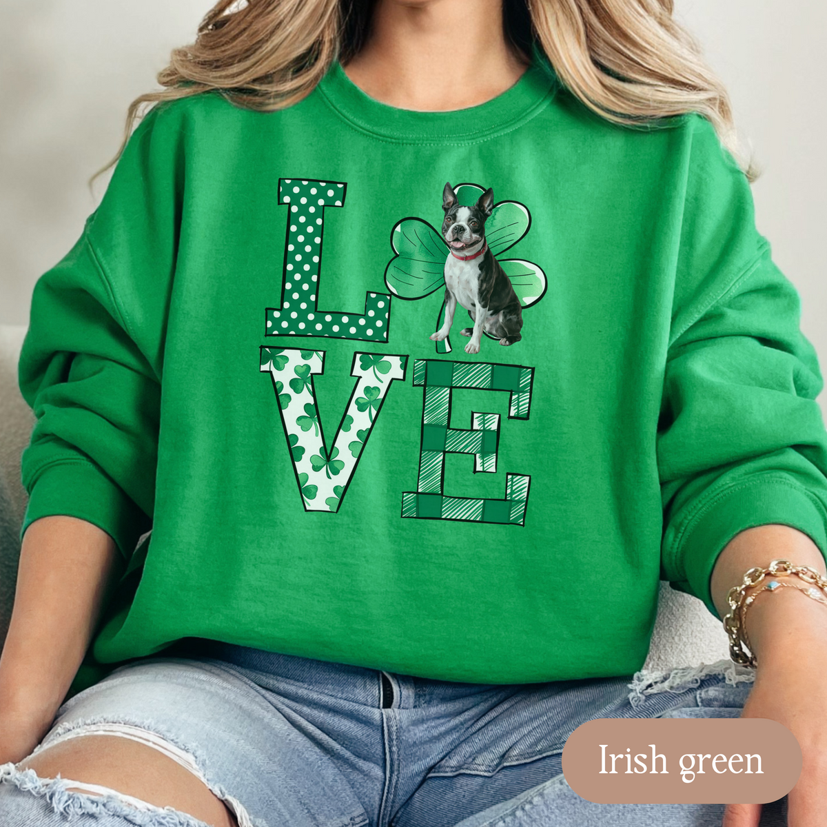 Boston Terrier Love Shamrock Sweatshirt, St Patricks Day Crewneck Sweatshirt, Irish Gift, Boston Terrier Lover Apparel, Green Clover Top