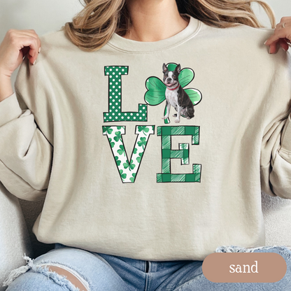 Boston Terrier Love Shamrock Sweatshirt, St Patricks Day Crewneck Sweatshirt, Irish Gift, Boston Terrier Lover Apparel, Green Clover Top