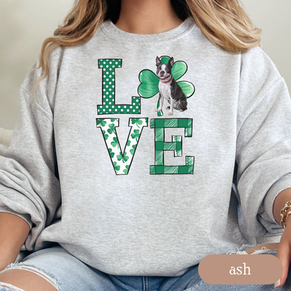 Boston Terrier Love Shamrock Sweatshirt, St Patricks Day Crewneck Sweatshirt, Irish Gift, Boston Terrier Lover Apparel, Green Clover Top