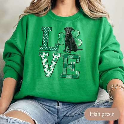Black Lab Love Shamrock Sweatshirt, St Patricks Day Crewneck Sweatshirt, Irish Gift, Black Lab Lover Apparel, Green Clover Top