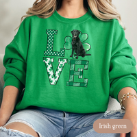 Load image into Gallery viewer, Black Lab Love Shamrock Sweatshirt, St Patricks Day Crewneck Sweatshirt, Irish Gift, Black Lab Lover Apparel, Green Clover Top
