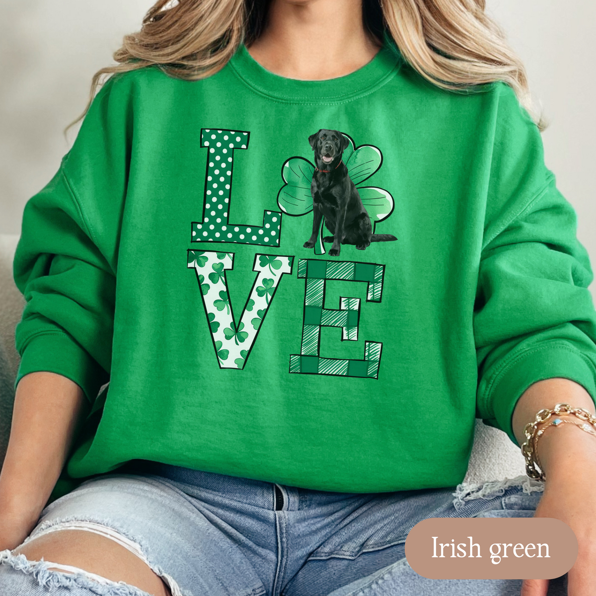 Black Lab Love Shamrock Sweatshirt, St Patricks Day Crewneck Sweatshirt, Irish Gift, Black Lab Lover Apparel, Green Clover Top