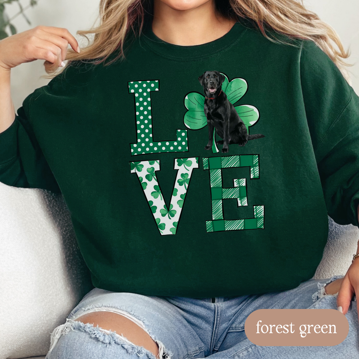 Black Lab Love Shamrock Sweatshirt, St Patricks Day Crewneck Sweatshirt, Irish Gift, Black Lab Lover Apparel, Green Clover Top