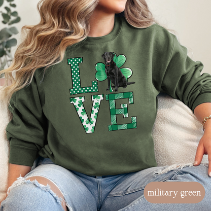 Black Lab Love Shamrock Sweatshirt, St Patricks Day Crewneck Sweatshirt, Irish Gift, Black Lab Lover Apparel, Green Clover Top