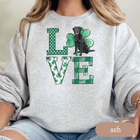 Load image into Gallery viewer, Black Lab Love Shamrock Sweatshirt, St Patricks Day Crewneck Sweatshirt, Irish Gift, Black Lab Lover Apparel, Green Clover Top
