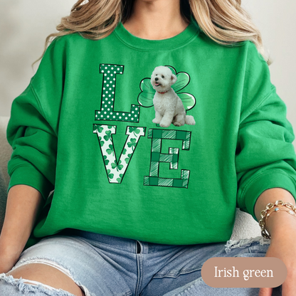 Bichon Frise Love Shamrock Sweatshirt, St Patricks Day Crewneck Sweatshirt, Irish Gift, Bichon Lover Apparel, Green Clover Top