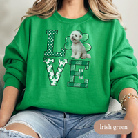Load image into Gallery viewer, Bichon Frise Love Shamrock Sweatshirt, St Patricks Day Crewneck Sweatshirt, Irish Gift, Bichon Lover Apparel, Green Clover Top
