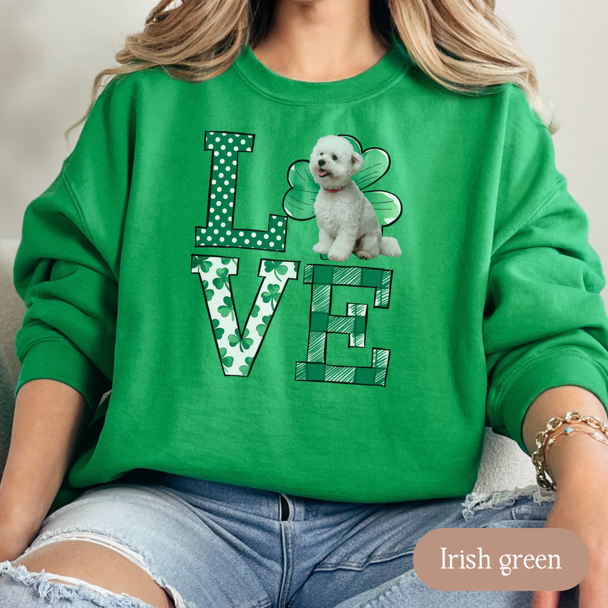 Bichon Frise Love Shamrock Sweatshirt, St Patricks Day Crewneck Sweatshirt, Irish Gift, Bichon Lover Apparel, Green Clover Top