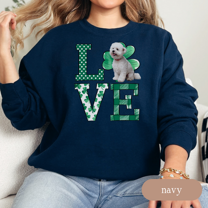 Bichon Frise Love Shamrock Sweatshirt, St Patricks Day Crewneck Sweatshirt, Irish Gift, Bichon Lover Apparel, Green Clover Top