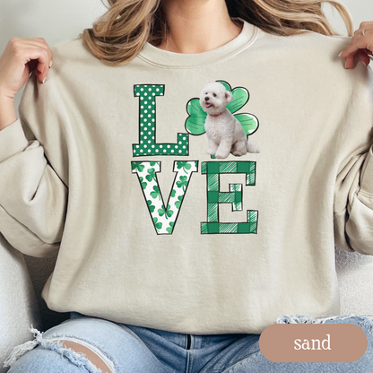Bichon Frise Love Shamrock Sweatshirt, St Patricks Day Crewneck Sweatshirt, Irish Gift, Bichon Lover Apparel, Green Clover Top
