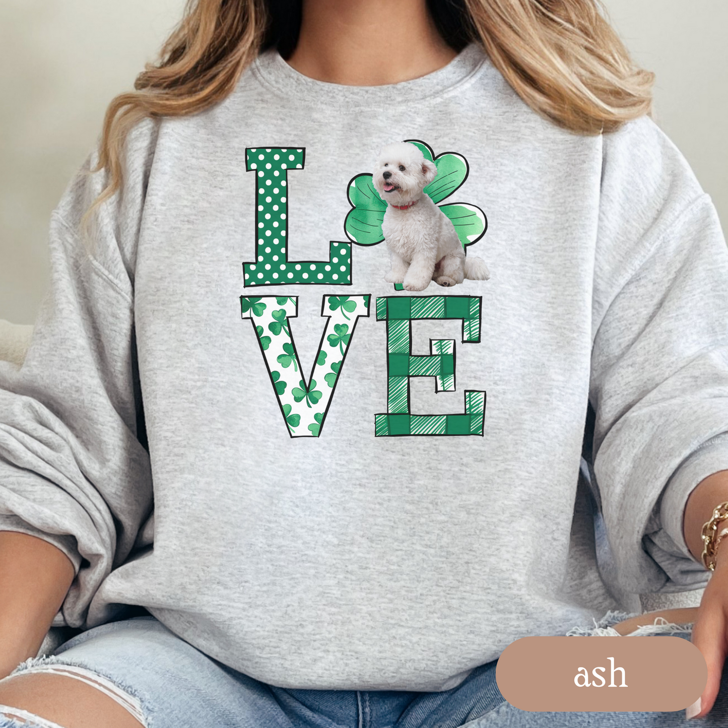Bichon Frise Love Shamrock Sweatshirt, St Patricks Day Crewneck Sweatshirt, Irish Gift, Bichon Lover Apparel, Green Clover Top