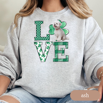Bichon Frise Love Shamrock Sweatshirt, St Patricks Day Crewneck Sweatshirt, Irish Gift, Bichon Lover Apparel, Green Clover Top