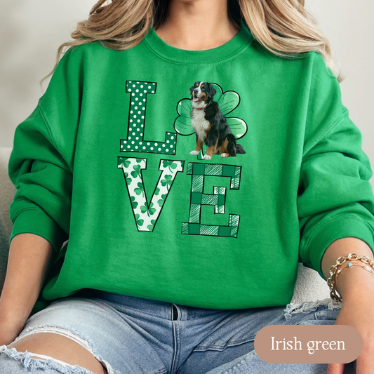 Bernese Mountain Dog Love Shamrock Sweatshirt, St Patricks Day Crewneck Sweatshirt, Irish Gift, Bernese Lover Apparel, Green Clover Top