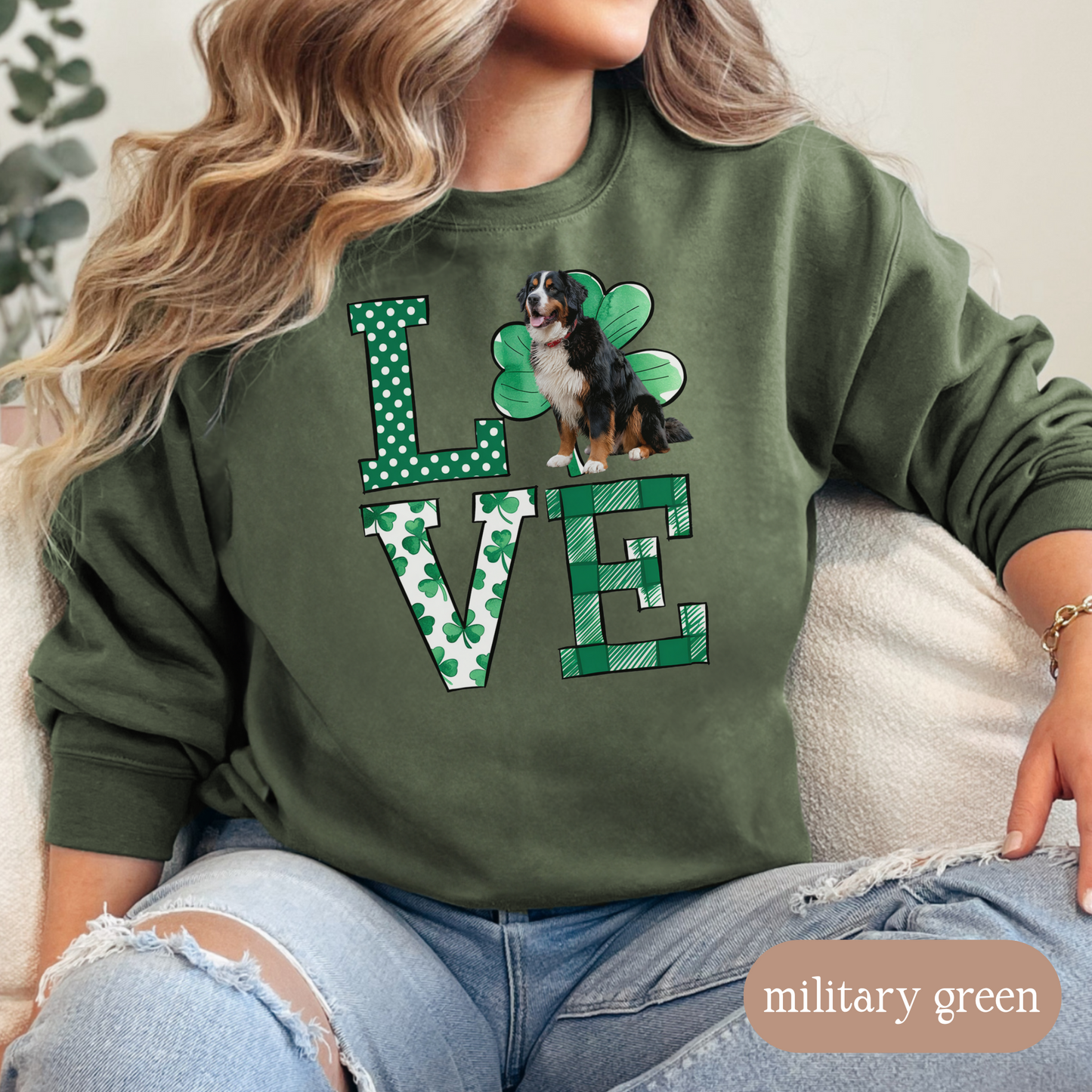 Bernese Mountain Dog Love Shamrock Sweatshirt, St Patricks Day Crewneck Sweatshirt, Irish Gift, Bernese Lover Apparel, Green Clover Top