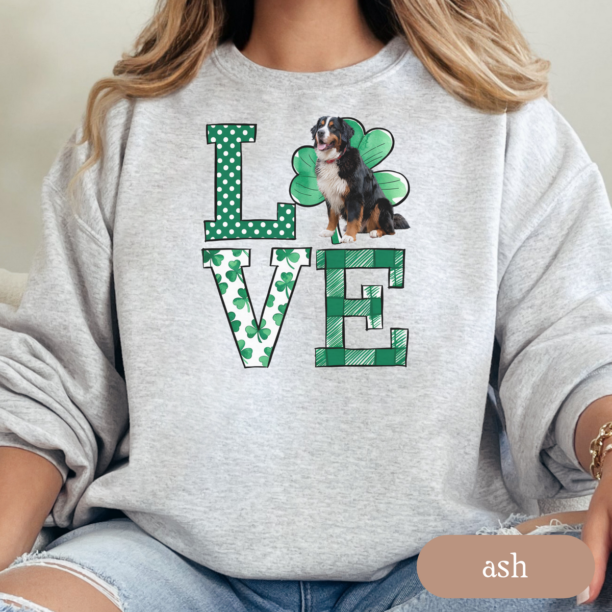 Bernese Mountain Dog Love Shamrock Sweatshirt, St Patricks Day Crewneck Sweatshirt, Irish Gift, Bernese Lover Apparel, Green Clover Top